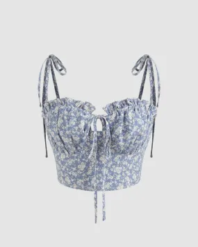 Square Neck Bowknot Floral Shirred Cami Crop Top