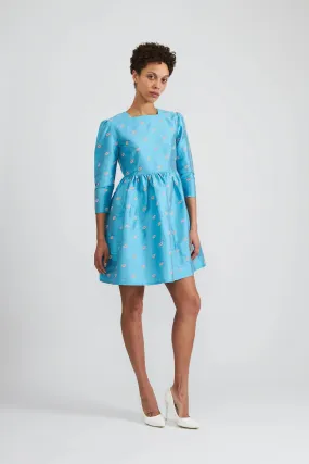 Square Neck Mini Prairie Dress in Turquoise Taffeta with Embroidered Lips