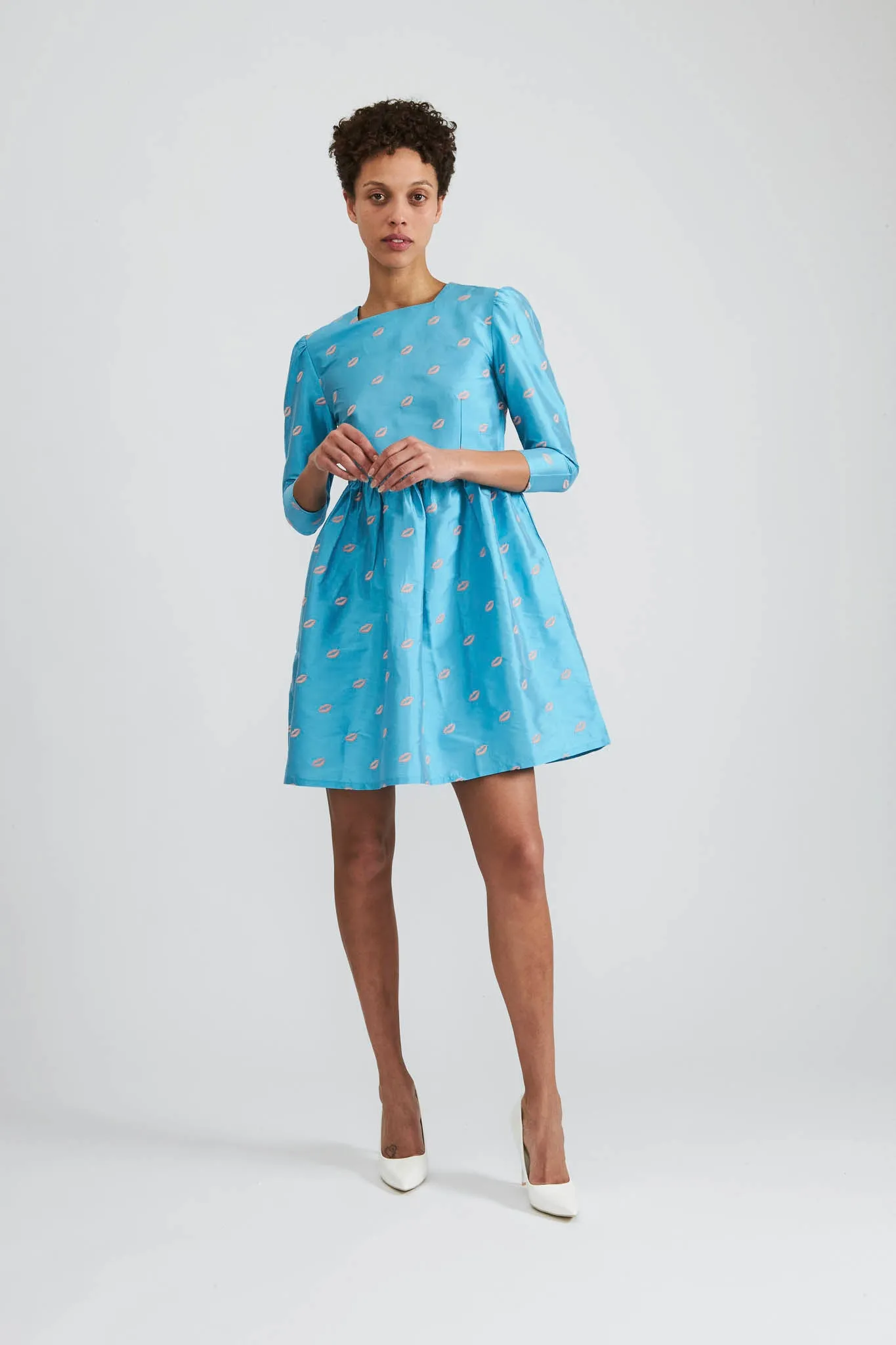 Square Neck Mini Prairie Dress in Turquoise Taffeta with Embroidered Lips