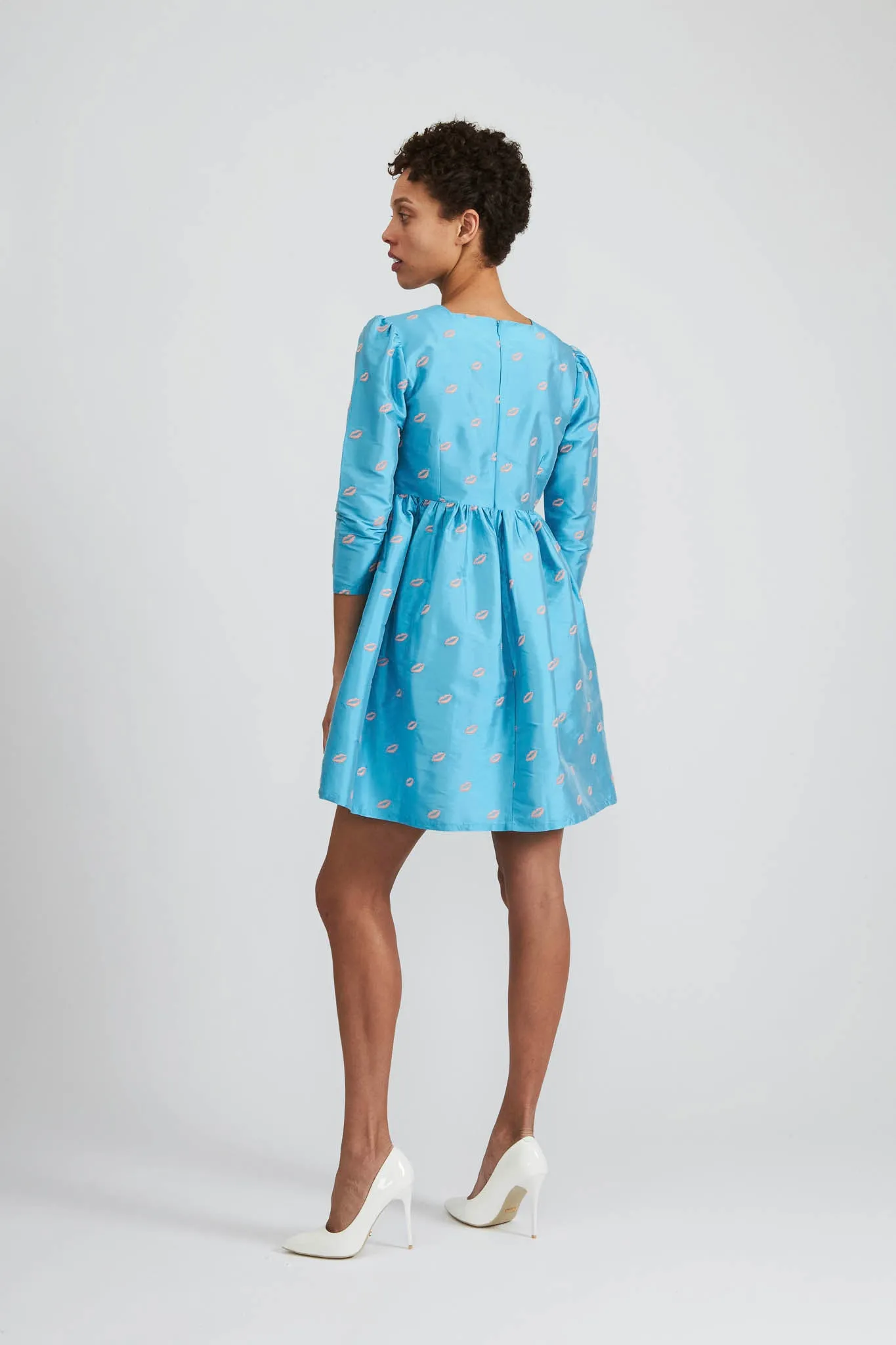 Square Neck Mini Prairie Dress in Turquoise Taffeta with Embroidered Lips