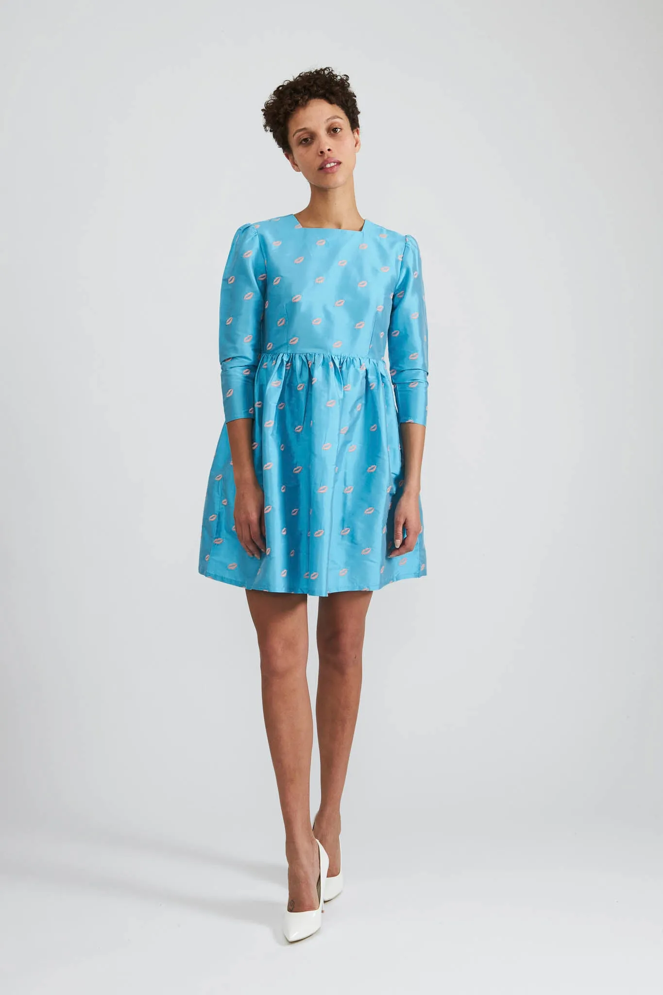 Square Neck Mini Prairie Dress in Turquoise Taffeta with Embroidered Lips