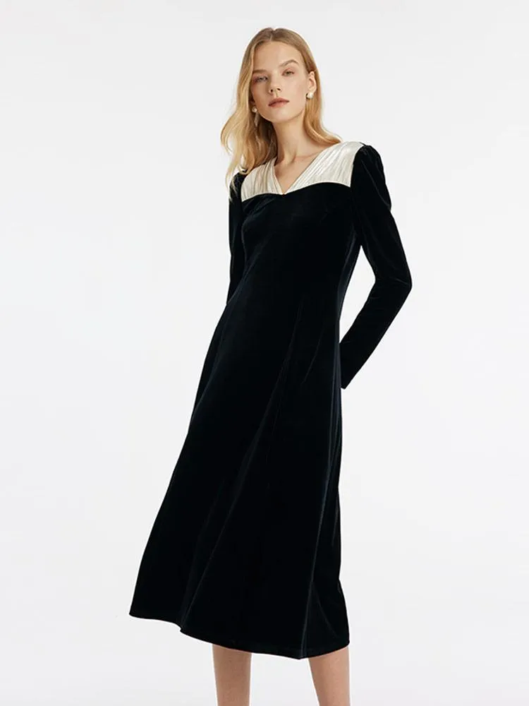 V-Neck Slim Velvet Women Midi Dress With Bowknot