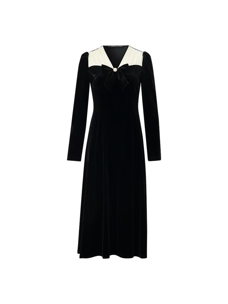 V-Neck Slim Velvet Women Midi Dress With Bowknot