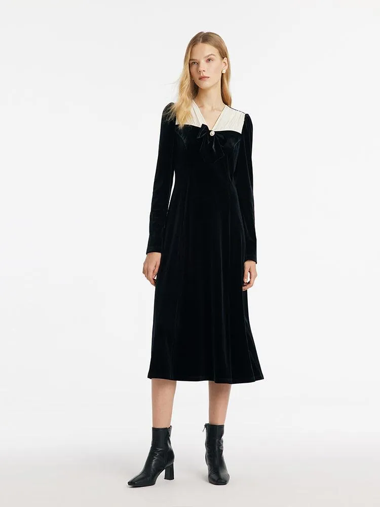 V-Neck Slim Velvet Women Midi Dress With Bowknot