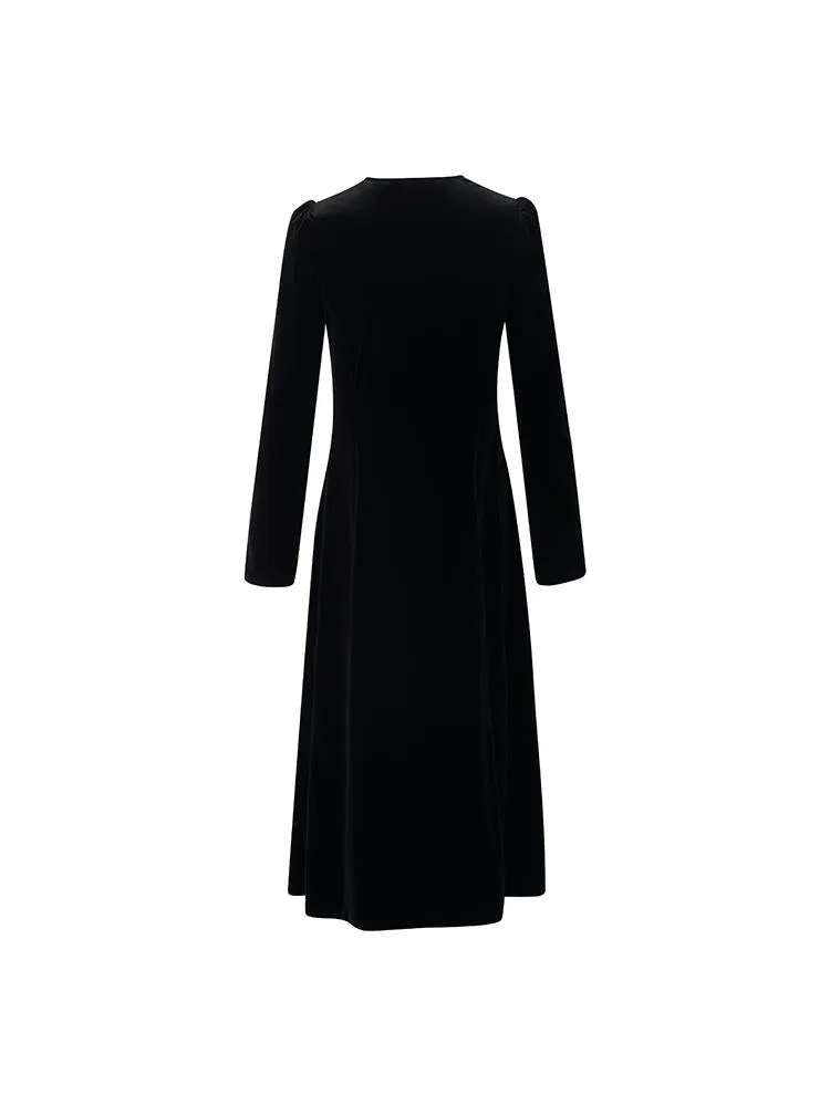 V-Neck Slim Velvet Women Midi Dress With Bowknot