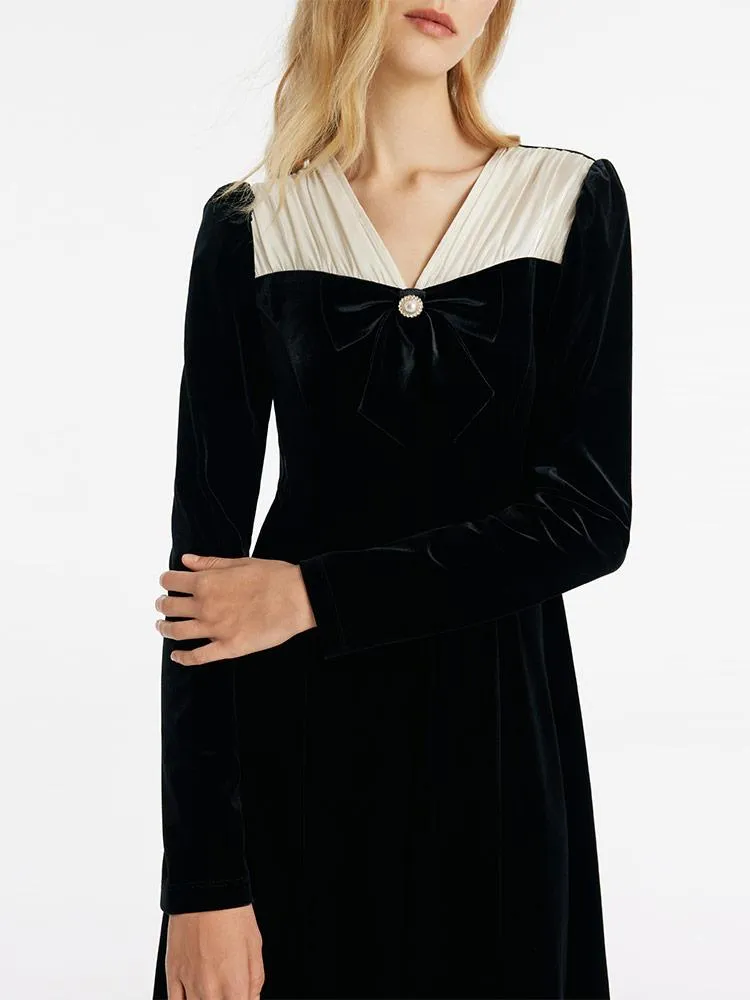 V-Neck Slim Velvet Women Midi Dress With Bowknot