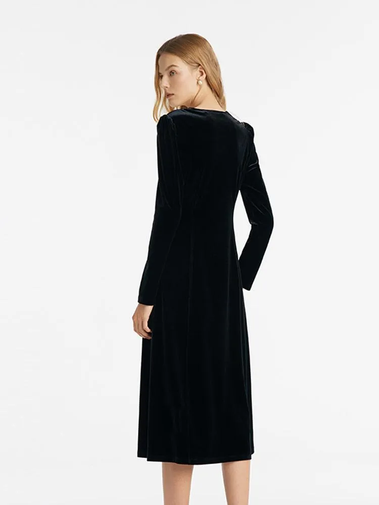 V-Neck Slim Velvet Women Midi Dress With Bowknot