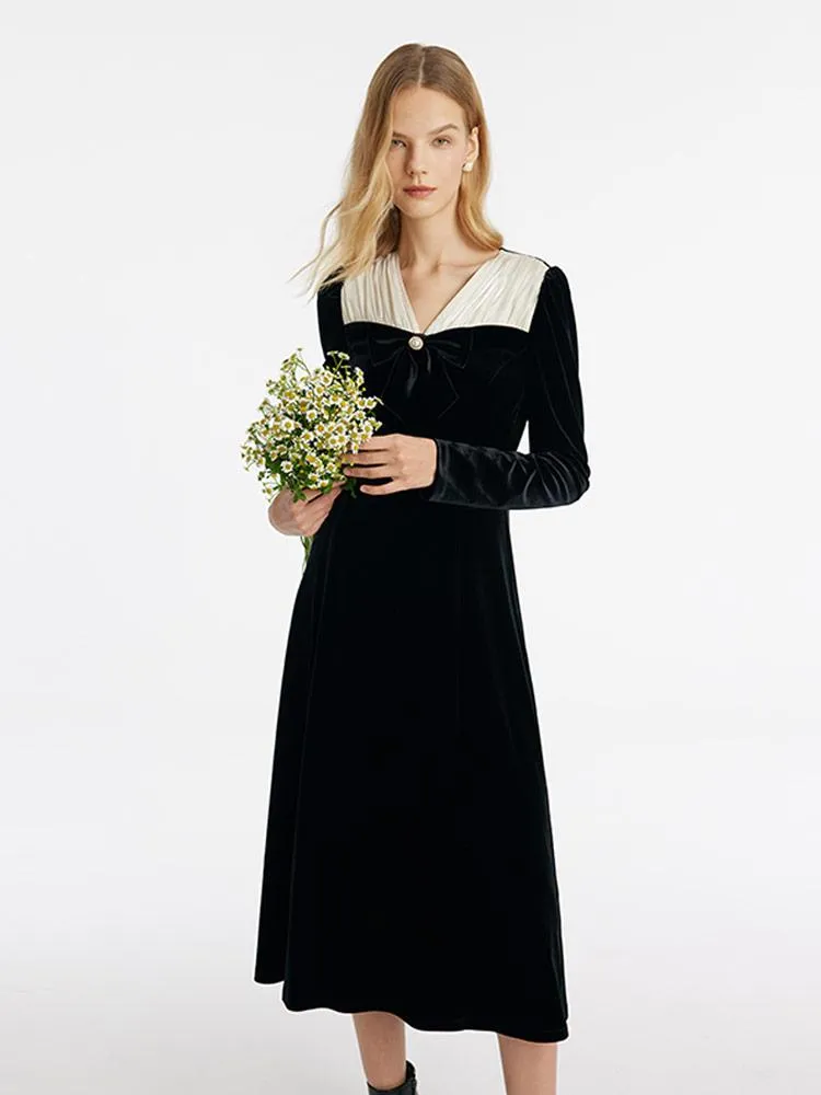 V-Neck Slim Velvet Women Midi Dress With Bowknot